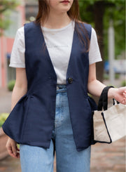 [3set]【MES VACANCES×airCloset24SS】<br>レディビートルギャザージレ(NAVY)<br>Organic cotton ロゴTシャツ<br>【MES VACANCES×EDWIN】CO:RE Denimワイドパンツ(LightBlue) - MES VACANCES