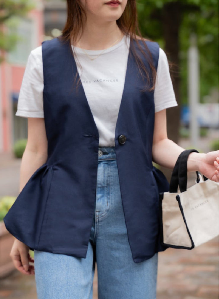 [3set]【MES VACANCES×airCloset24SS】<br>レディビートルギャザージレ(NAVY)<br>Organic cotton ロゴTシャツ<br>【MES VACANCES×EDWIN】CO:RE Denimワイドパンツ(LightBlue) - MES VACANCES