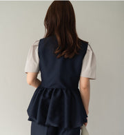 [3set]【MES VACANCES×airCloset24SS】<br>レディビートルギャザージレ(NAVY)<br>Organic cotton ロゴTシャツ<br>【MES VACANCES×EDWIN】CO:RE Denimワイドパンツ(LightBlue) - LES TROIS GRACES