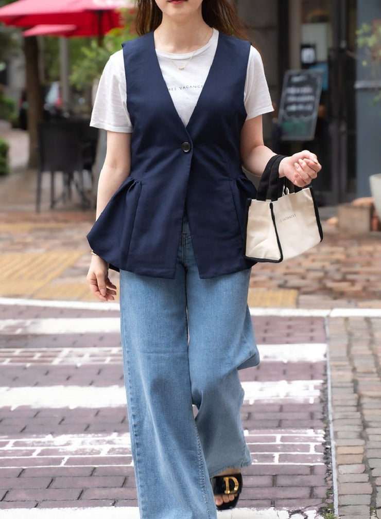 [3set]【MES VACANCES×airCloset24SS】<br>レディビートルギャザージレ(NAVY)<br>Organic cotton ロゴTシャツ<br>【MES VACANCES×EDWIN】CO:RE Denimワイドパンツ(LightBlue) - MES VACANCES