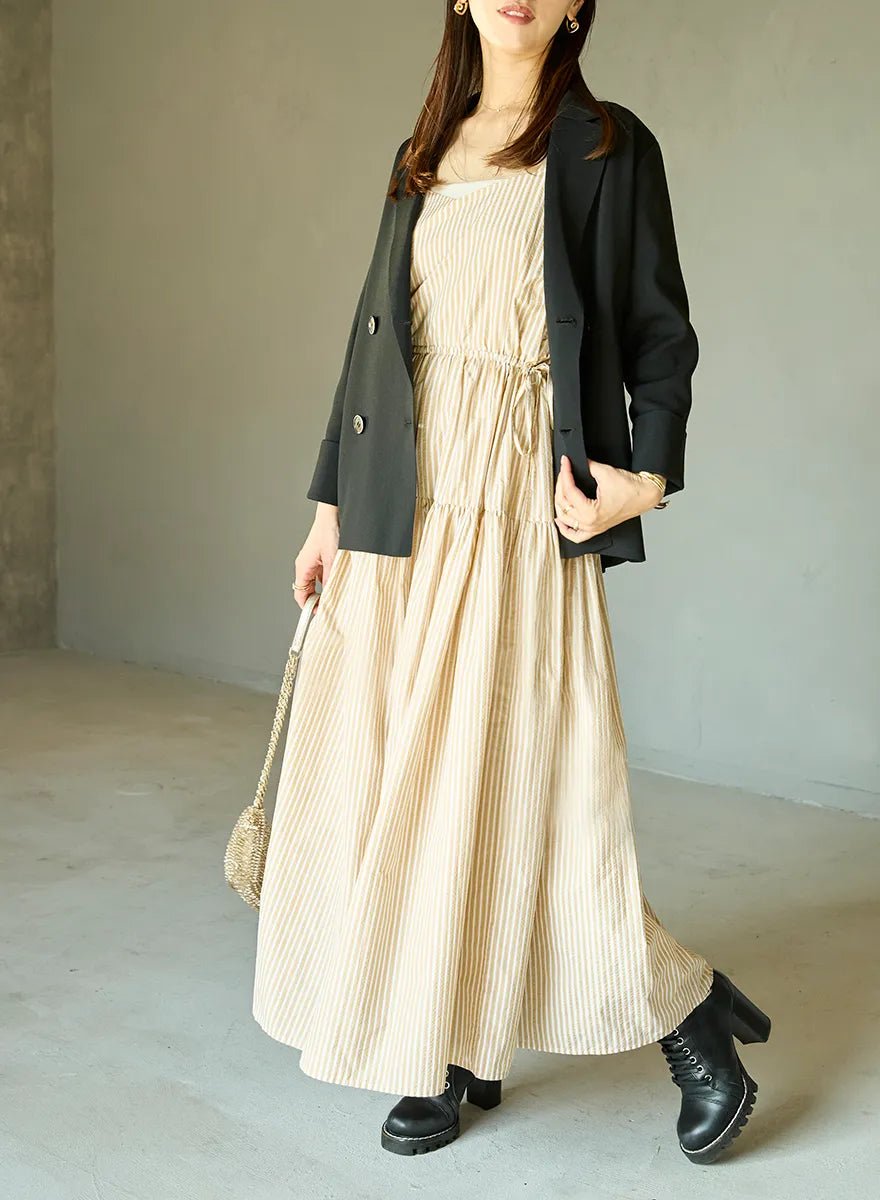 ストライプティアードワンピース（BLACK / BEIGE） – MES VACANCES