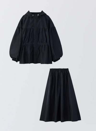 【期間/数量限定】：[BLACK SET]シャーリングマウンテンパーカー+タックギャザースカート - MES VACANCES