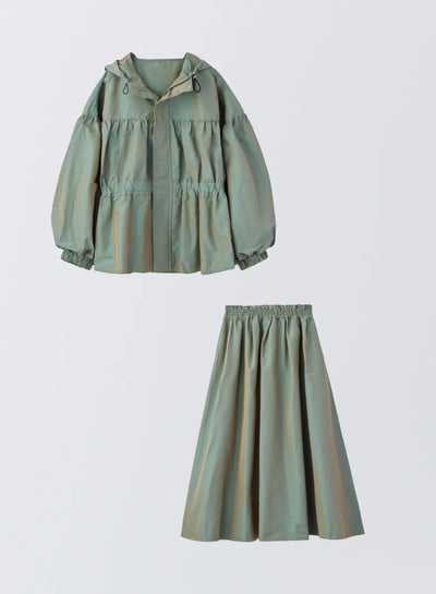 【期間/数量限定】：[KHAKI SET]シャーリングマウンテンパーカー+タックギャザースカート - MES VACANCES