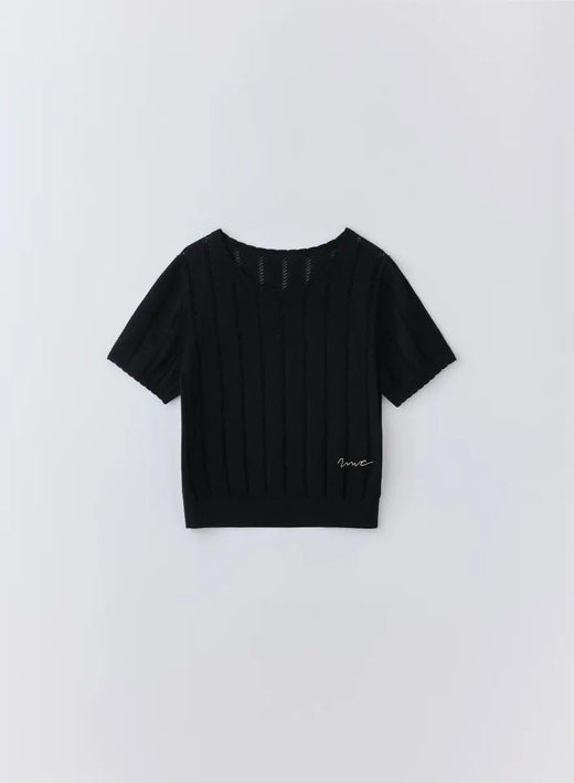 テンセルシルク透かし編みロゴ刺繍ニット (Black / Free)