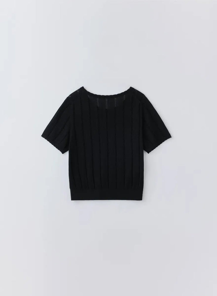 テンセルシルク透かし編みロゴ刺繍ニット - MES VACANCES