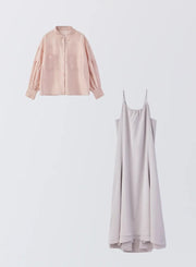 [SET]ボリュームスリーブシアーシャツ+サテンキャミソールワンピース - MES VACANCES