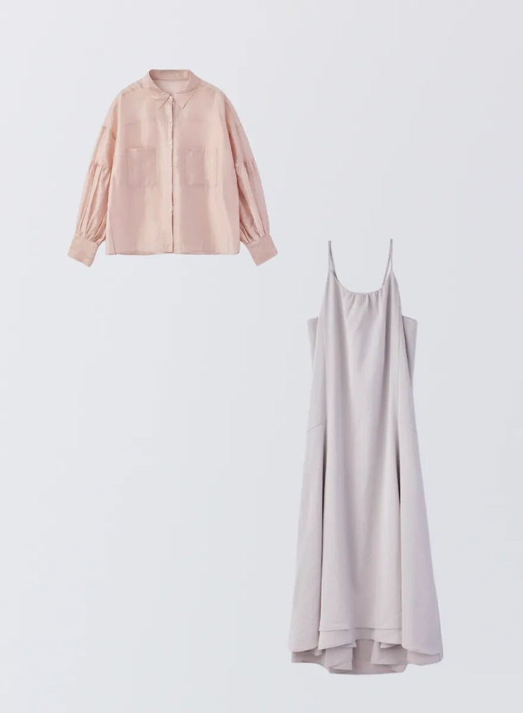 [SET]ボリュームスリーブシアーシャツ+サテンキャミソールワンピース - MES VACANCES