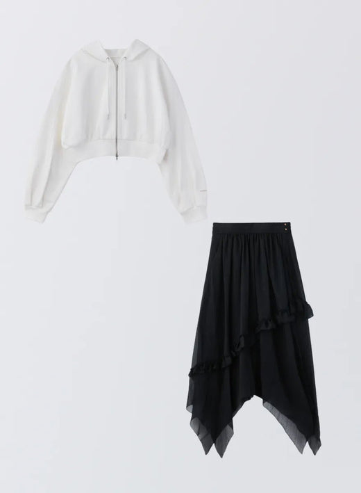 [SET] コクーンショートスウェットパーカー＋アシンメトリーフリルラメスカート (White / Lame Black)