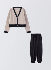 [SET]バイカラーニットカーディガン+サイドポケットジョガーパンツ - MES VACANCES