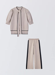 [SET]パフスリーブニットトップス+サイドラインニットパンツ - MES VACANCES