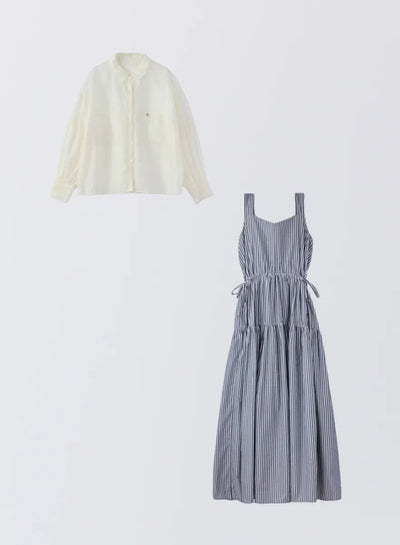 [SET]ボリュームスリーブシアーシャツ+ストライプティアードワンピース - MES VACANCES