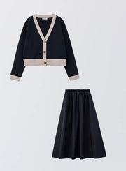 [SET]バイカラーニットカーディガン+タックギャザースカート - MES VACANCES
