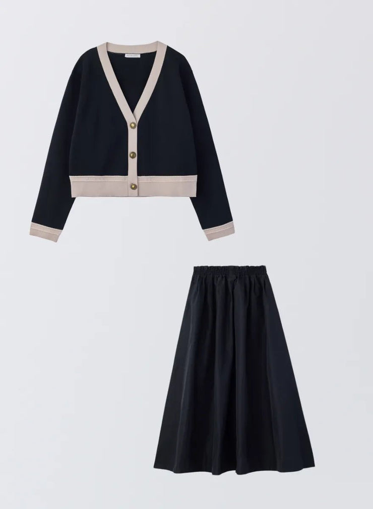 [SET]バイカラーニットカーディガン+タックギャザースカート - MES VACANCES