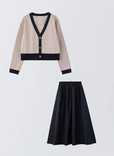[SET]バイカラーニットカーディガン+タックギャザースカート - MES VACANCES