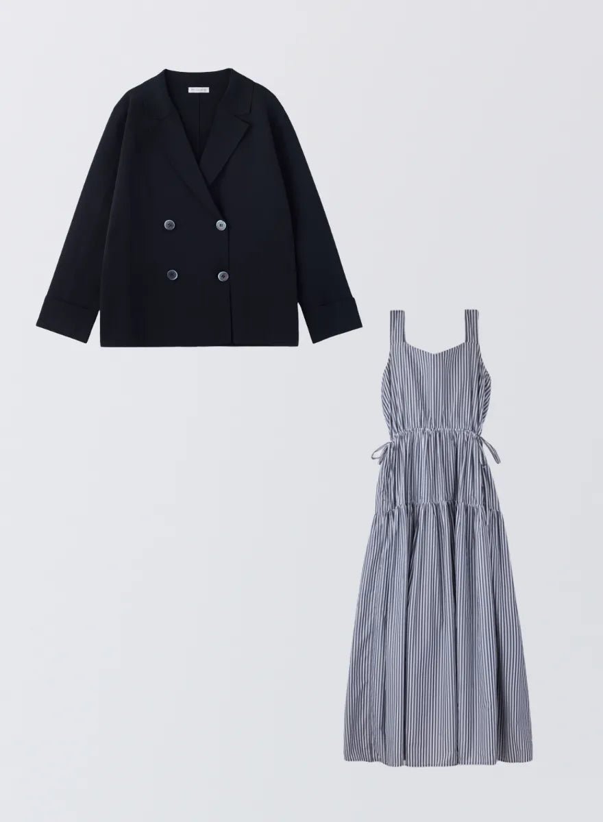 SET]ダブルニットジャケット+ストライプティアードワンピース – MES