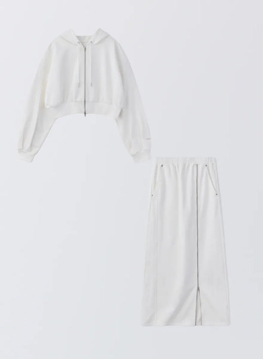 [SET] コクーンショートスウェットパーカー＋2wayジップスウェットスカート (White)