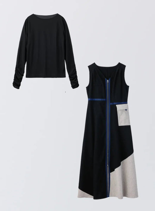 [SET] 2wayアクアレルギャザートップス＋フロントジップウールワンピース (Black / Black LightGray)