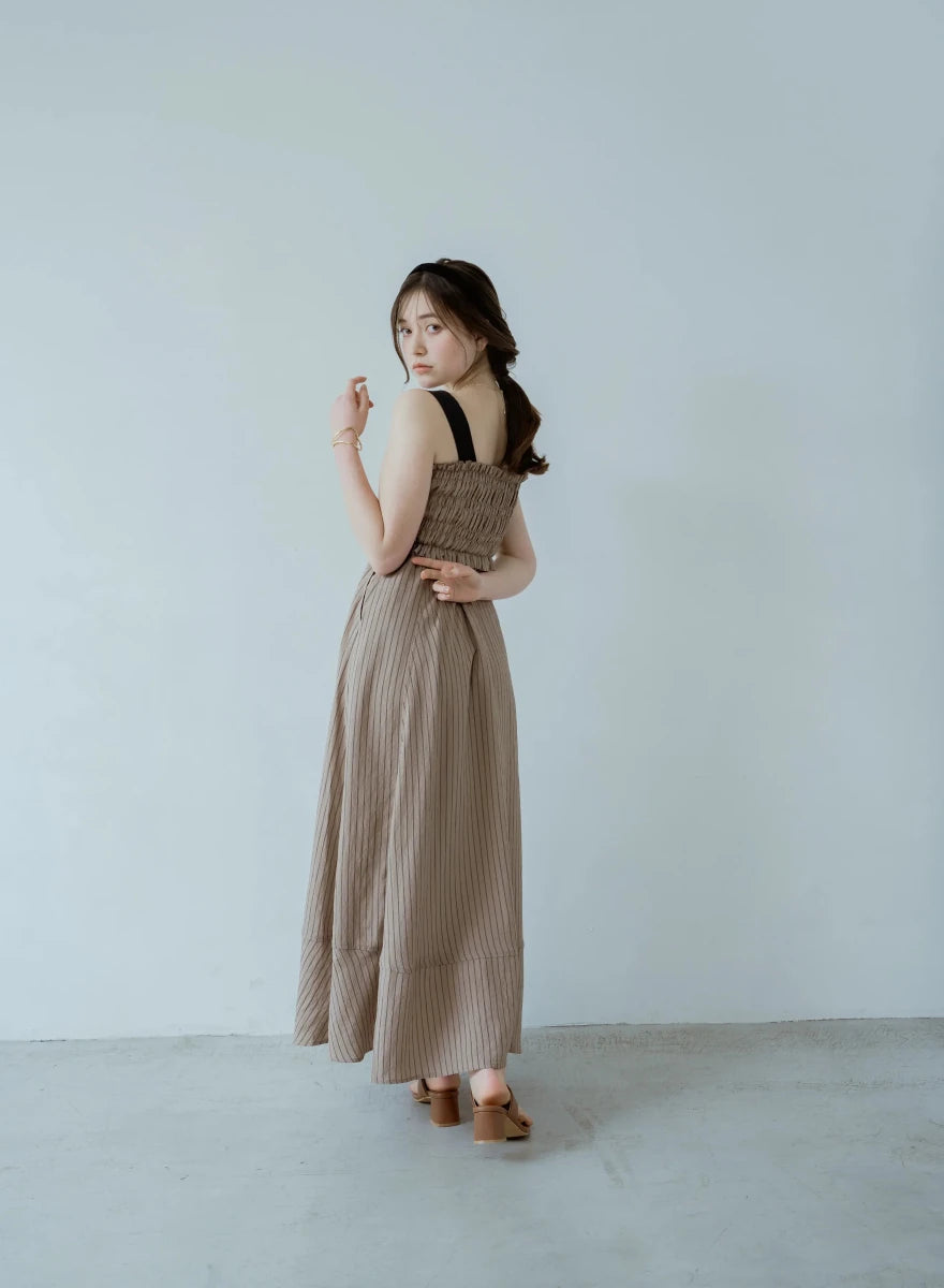 美品【萌 モユル】リネン混 ワンピース シャーリング グラデーション ベージュ 2wayトラベルシャーリングワンピース – MES VACANCES