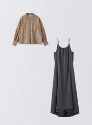 [SET]ボリュームスリーブシアーシャツ+サテンキャミソールワンピース - MES VACANCES