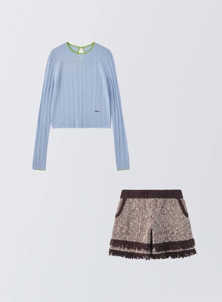 [SET] シルクレース編みショートトップス＋ツイーディーニットパンツ - MES VACANCES