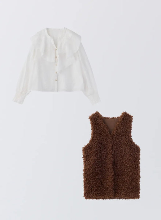 [SET] ラッフルフリルジャガードブラウス＋エコカールファーロングベスト (Off White / Cocoa Brown)