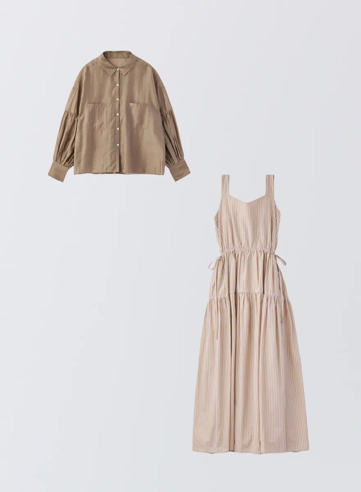 [SET]ボリュームスリーブシアーシャツ+ストライプティアードワンピース - MES VACANCES