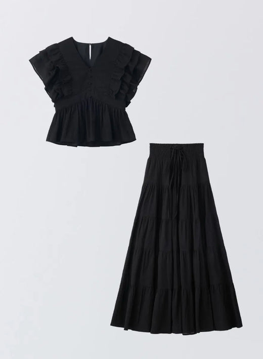 [SET]フラワーペタルブラウス+フラワーペタルスカート (Black)