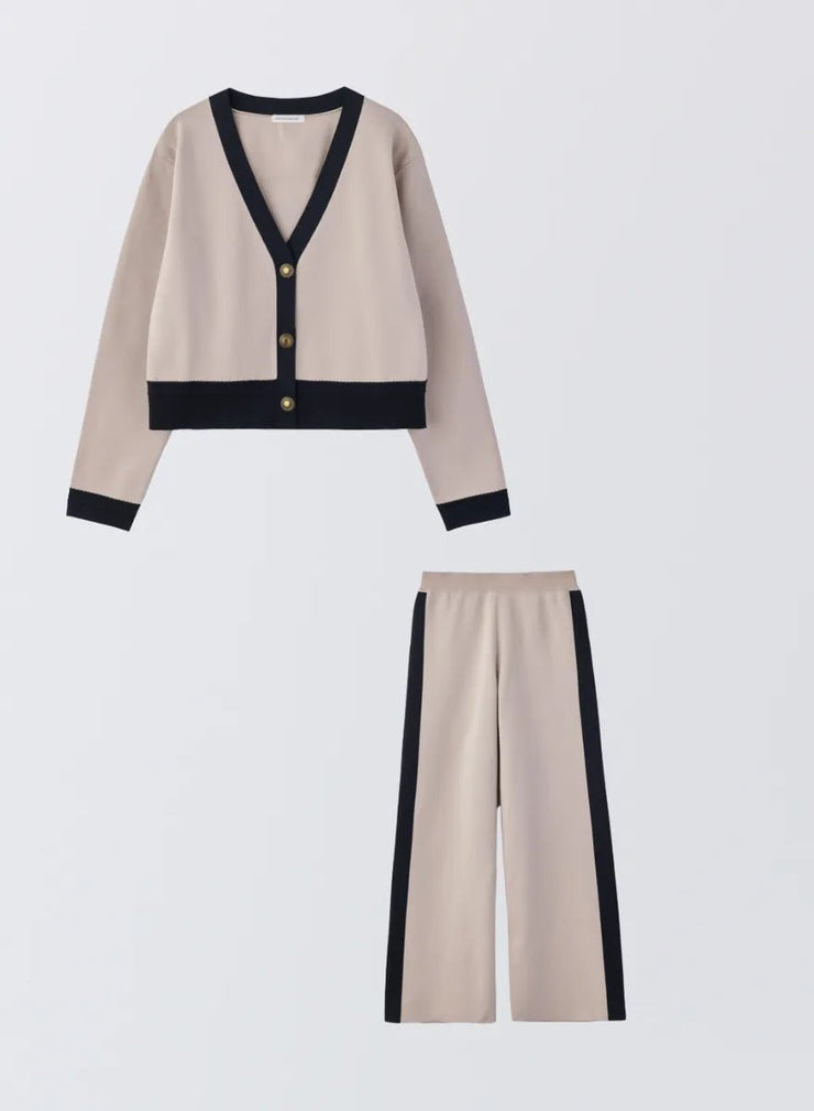 [SET]バイカラーニットカーディガン+サイドラインニットパンツ - MES VACANCES