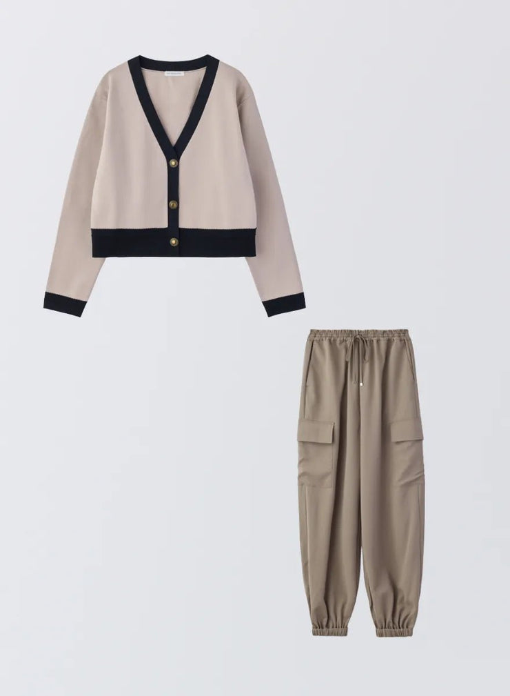 [SET]バイカラーニットカーディガン+サイドポケットジョガーパンツ - MES VACANCES