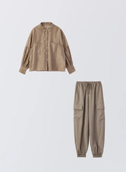 [SET]ボリュームスリーブシアーシャツ+サイドポケットジョガーパンツ - MES VACANCES