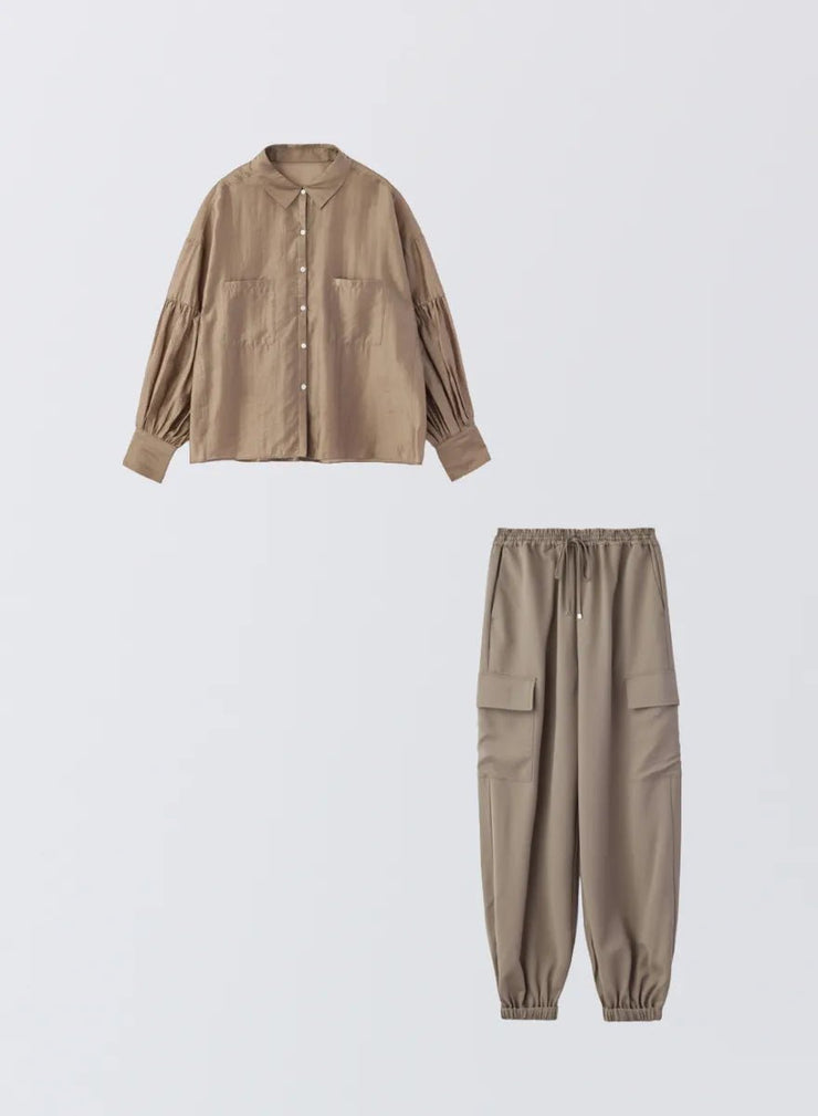 [SET]ボリュームスリーブシアーシャツ+サイドポケットジョガーパンツ - MES VACANCES