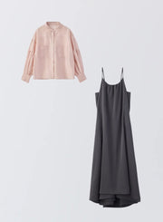 [SET]ボリュームスリーブシアーシャツ+サテンキャミソールワンピース - MES VACANCES