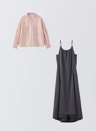 [SET]ボリュームスリーブシアーシャツ+サテンキャミソールワンピース - MES VACANCES