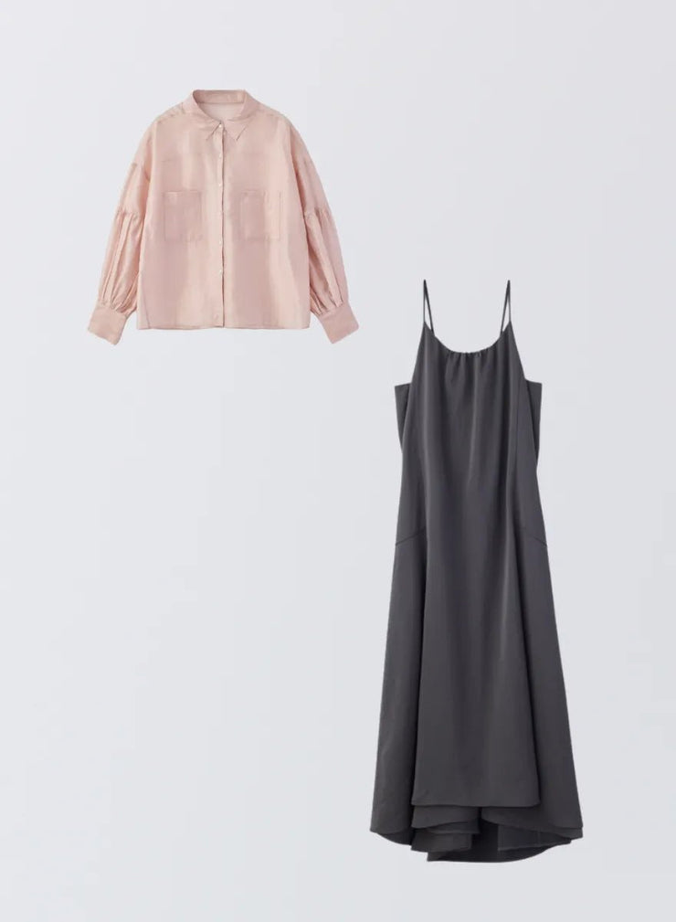 [SET]ボリュームスリーブシアーシャツ+サテンキャミソールワンピース - MES VACANCES