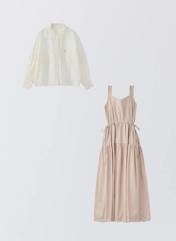 [SET]ボリュームスリーブシアーシャツ+ストライプティアードワンピース - MES VACANCES