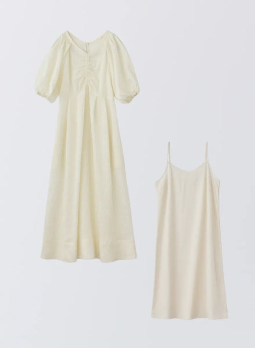 [SET]エアリーブルームジャガードワンピース＋ヨモギインナーワンピース (Ivory)