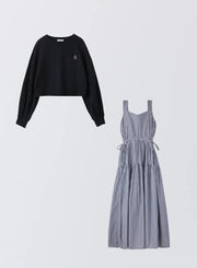 [SET]ロゴ刺繍ショートスウェット+ストライプティアードワンピース - MES VACANCES