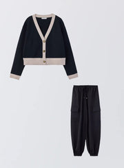 [SET]バイカラーニットカーディガン+サイドポケットジョガーパンツ - MES VACANCES