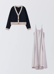 [SET]バイカラーニットカーディガン+サテンキャミソールワンピース - MES VACANCES