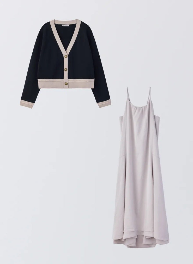 [SET]バイカラーニットカーディガン+サテンキャミソールワンピース - MES VACANCES