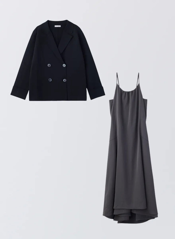 [SET]ダブルニットジャケット+サテンキャミソールワンピース - MES VACANCES