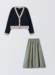 [SET]バイカラーニットカーディガン+タックギャザースカート - MES VACANCES