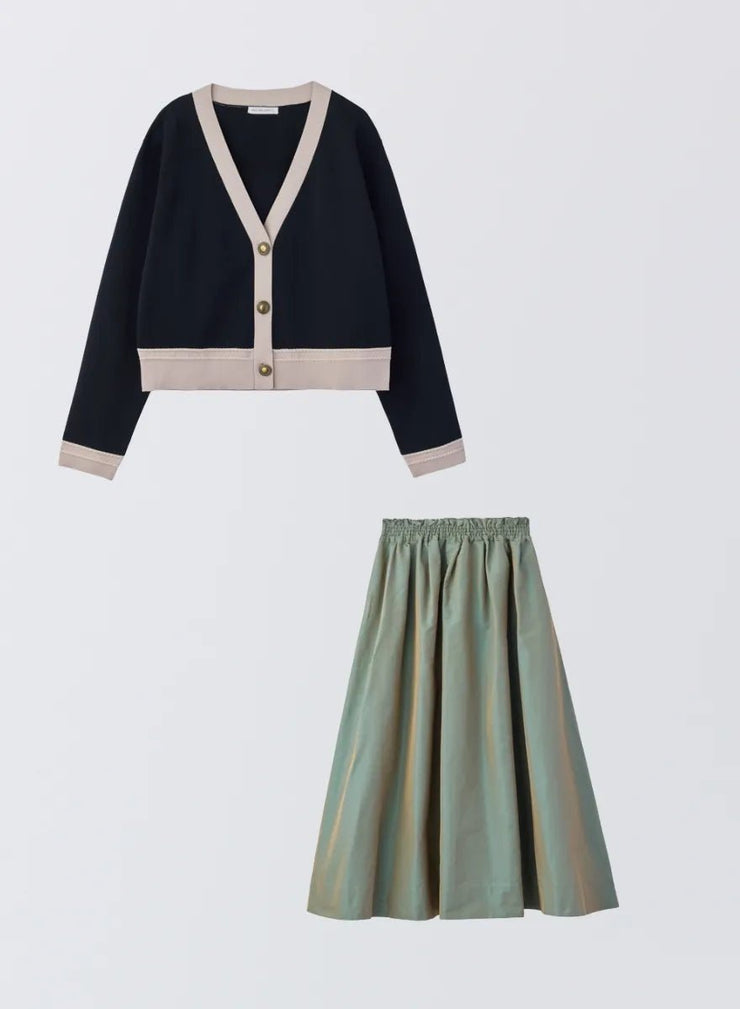 [SET]バイカラーニットカーディガン+タックギャザースカート - MES VACANCES