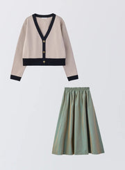 [SET]バイカラーニットカーディガン+タックギャザースカート - MES VACANCES