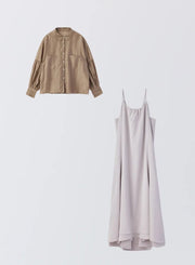 [SET]ボリュームスリーブシアーシャツ+サテンキャミソールワンピース - MES VACANCES