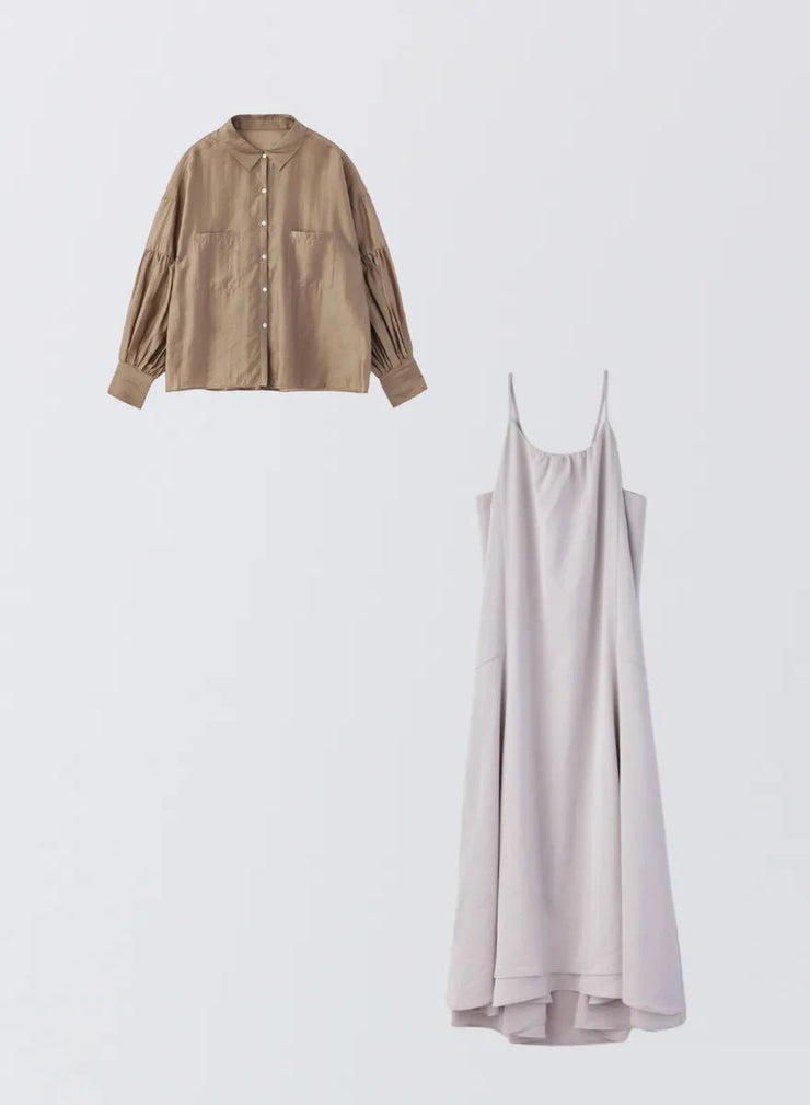 [SET]ボリュームスリーブシアーシャツ+サテンキャミソールワンピース - MES VACANCES