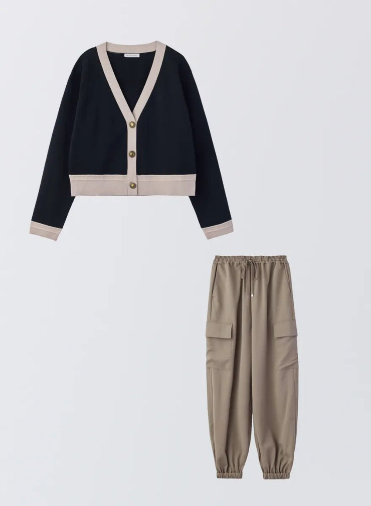 [SET]バイカラーニットカーディガン+サイドポケットジョガーパンツ - MES VACANCES