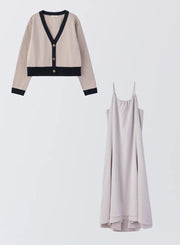 [SET]バイカラーニットカーディガン+サテンキャミソールワンピース - MES VACANCES