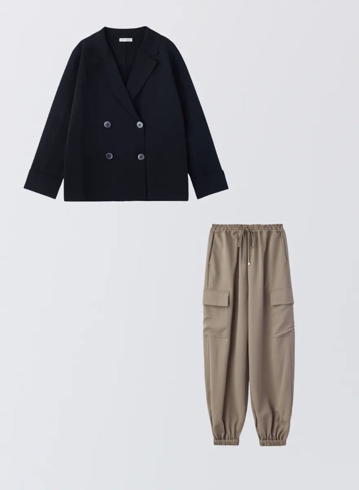 [SET]ダブルニットジャケット+サイドポケットジョガーパンツ - MES VACANCES