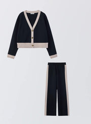 [SET]バイカラーニットカーディガン+サイドラインニットパンツ - MES VACANCES